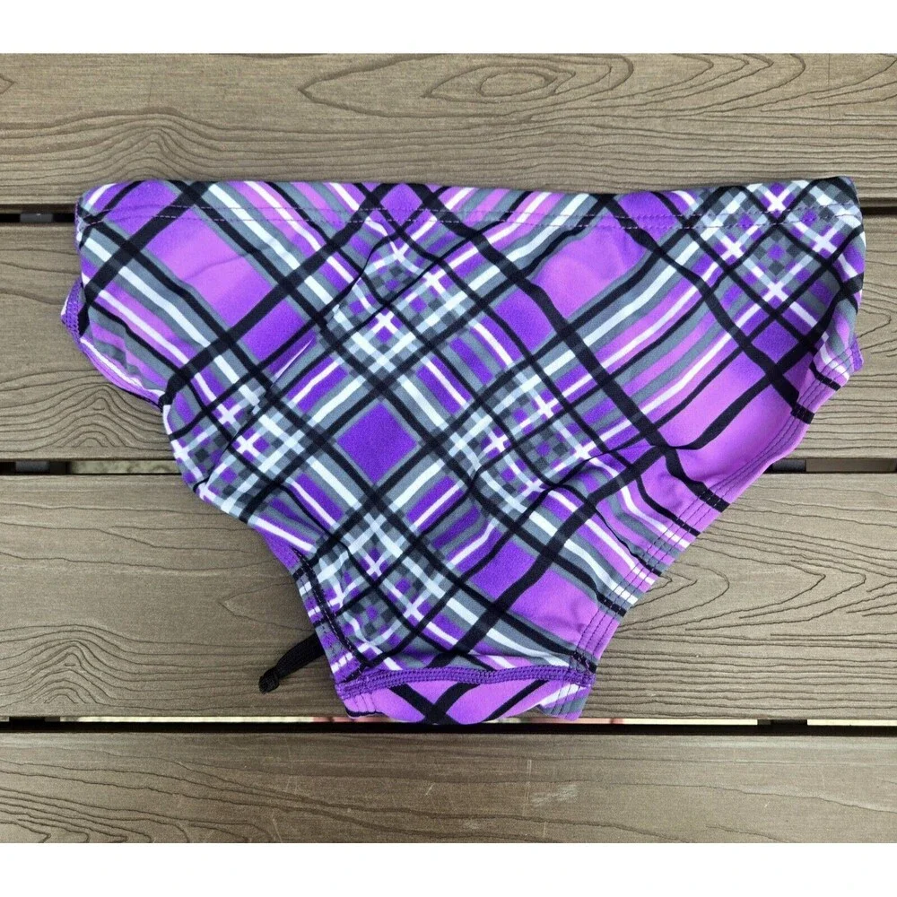 New TYR Youth Boy's Durafast Pacific Purple Plaid Swim Racer Brief SZ 22 New